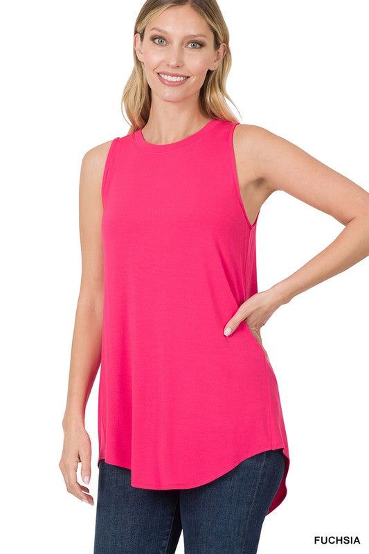 Zenana Luxe Rayon Sleeveless Round Neck Hi-Low Hem Top us.meeeshop - 