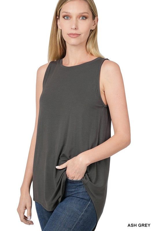 Zenana Luxe Rayon Sleeveless Round Neck Hi-Low Hem Top us.meeeshop - Shirts & Tops