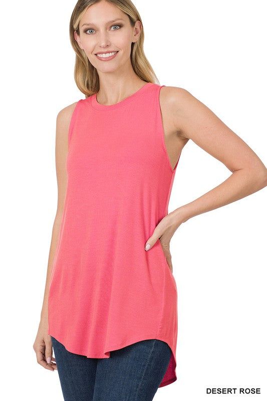 Zenana Luxe Rayon Sleeveless Round Neck Hi-Low Hem Top us.meeeshop - 