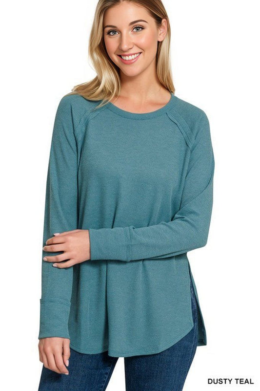 Zenana Melage Baby Waffle Long Sleeve Top us.meeeshop - Shirts & Tops