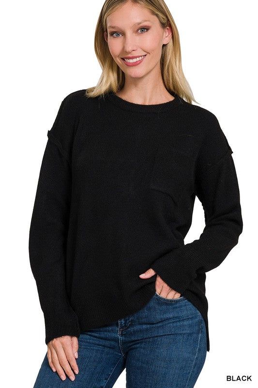 Zenana Melange Hi-Low Hem Round Neck Sweater us.meeeshop - Shirts & Tops