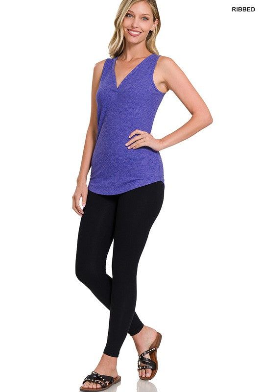 Zenana Melange Ribbed Button Closure V-Neck Top us.meeeshop - 