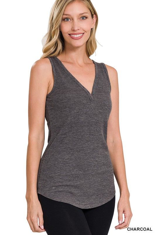 Zenana Melange Ribbed Button Closure V-Neck Top us.meeeshop - 