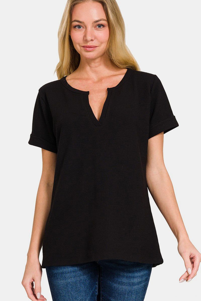 Zenana Notched Short Sleeve Waffle T-Shirt us.meeeshop - Shirts & Tops