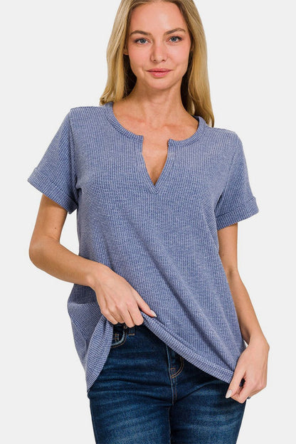 Zenana Notched Short Sleeve Waffle T-Shirt us.meeeshop - 