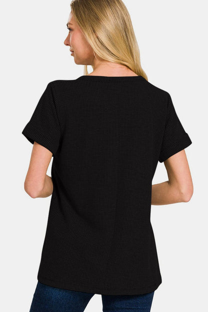 Zenana Notched Short Sleeve Waffle T-Shirt us.meeeshop - 