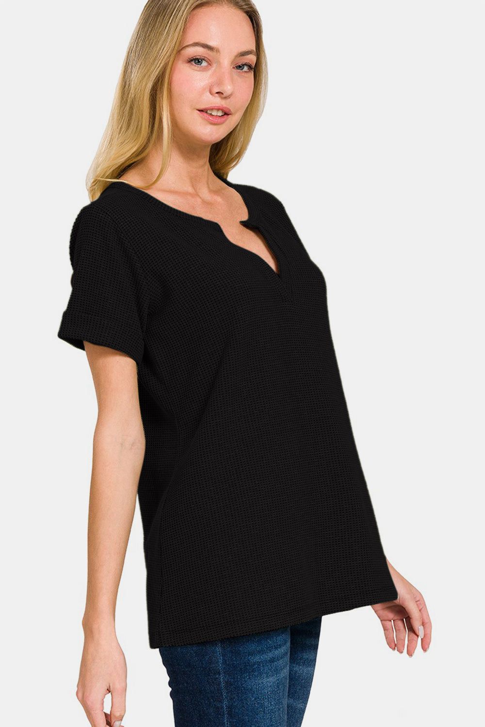 Zenana Notched Short Sleeve Waffle T-Shirt us.meeeshop - 