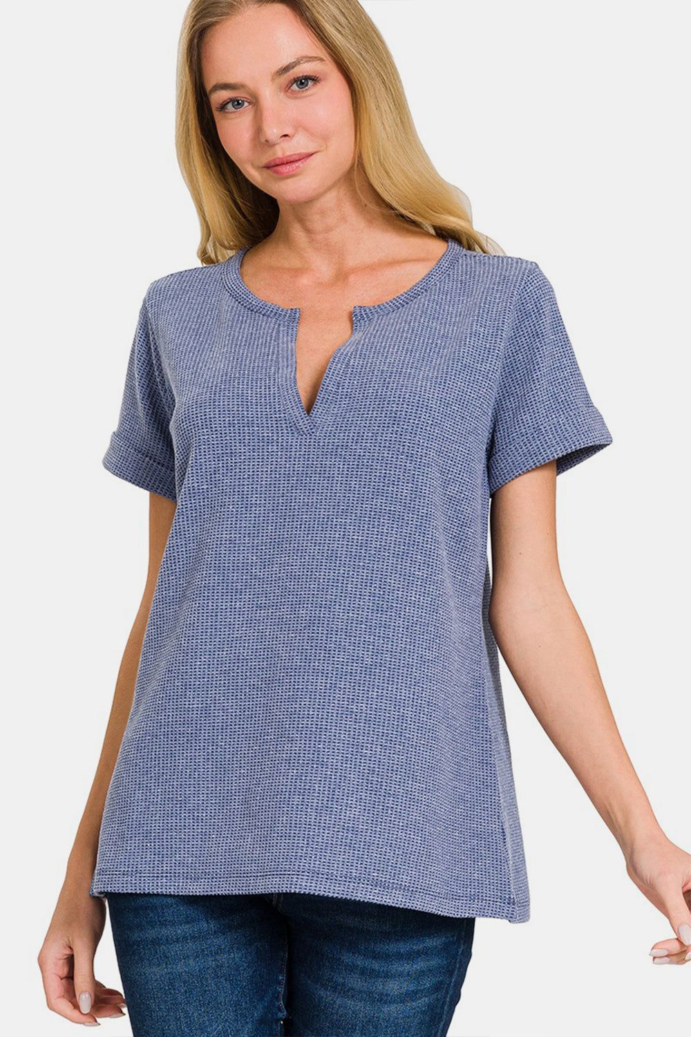 Zenana Notched Short Sleeve Waffle T-Shirt us.meeeshop - Shirts & Tops