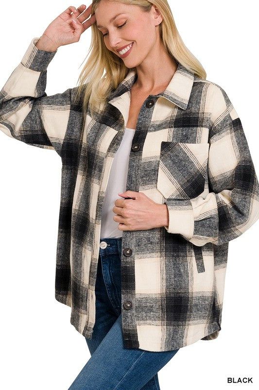 Zenana Oversized Yarn Dyed Plaid Longline Shacket us.meeeshop - Coats & Jackets