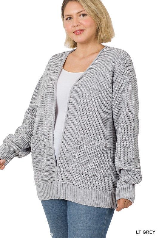 Zenana PLUS Low Gauge Waffle Open Cardigan Sweater us.meeeshop - Shirts & tops