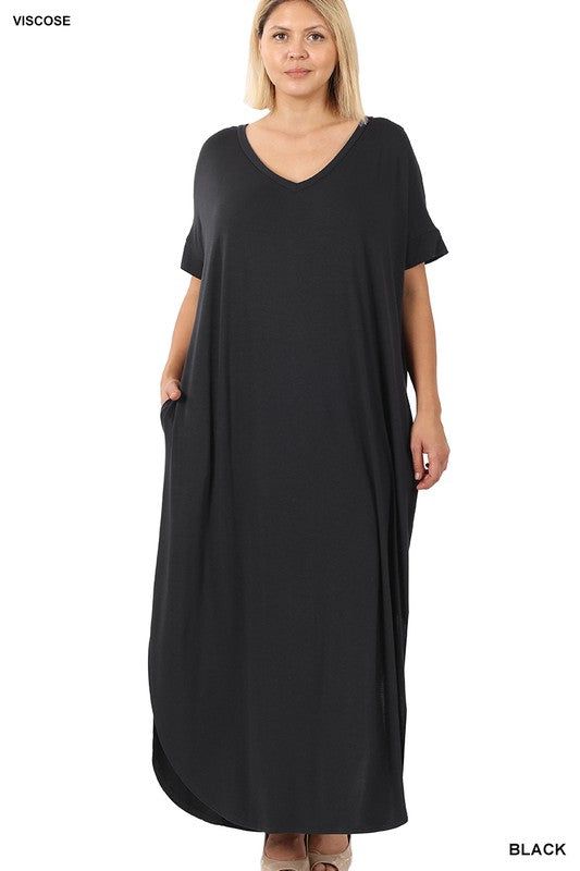 Zenana PLUS VISCOSE SIDE SLIT V-NECK MAXI DRESS us.meeeshop - Dresses