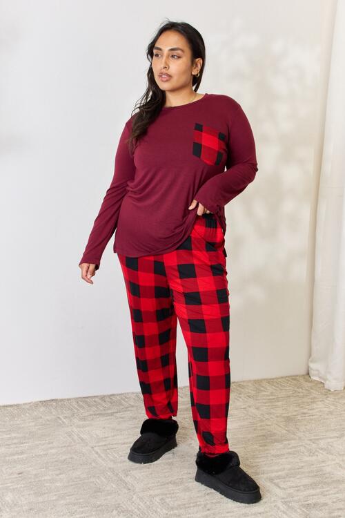 Zenana Plaid Round Neck Top and Pants Pajama Set | us.meeeshop