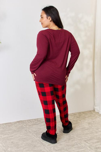Zenana Plaid Round Neck Top and Pants Pajama Set | us.meeeshop