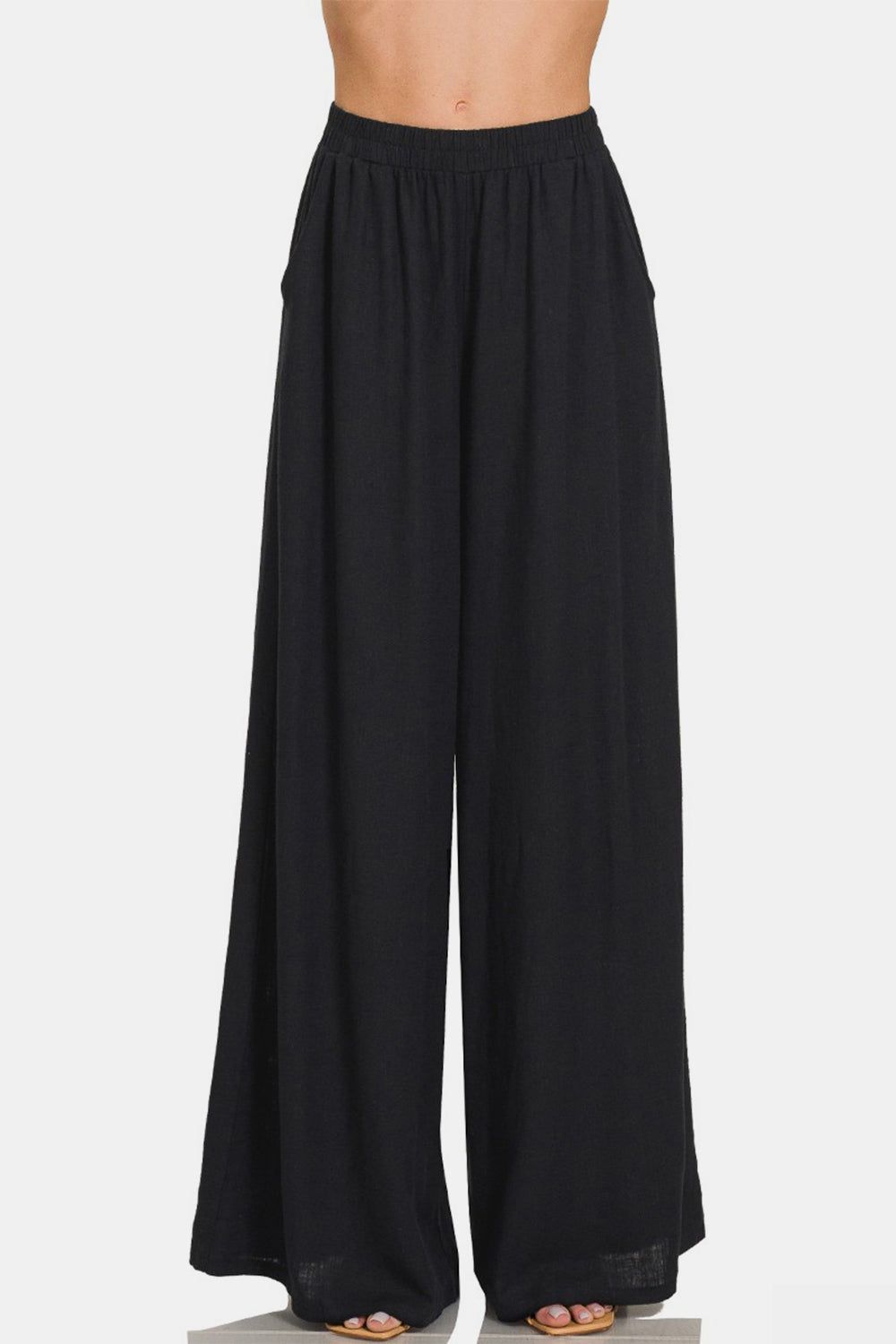 Zenana Pleated Linen Blend Wide Leg Pants us.meeeshop - 