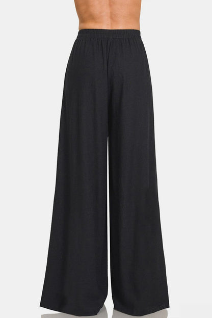 Zenana Pleated Linen Blend Wide Leg Pants us.meeeshop - 