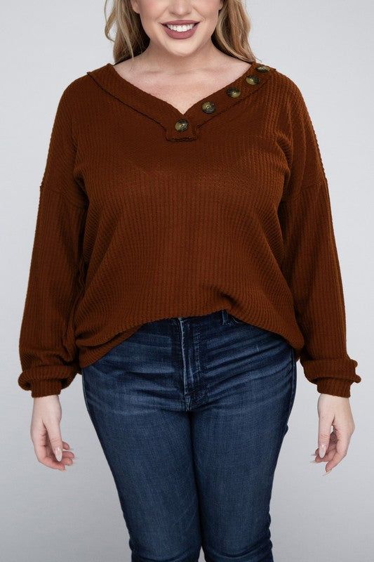 Zenana Plus Brushed Waffle V-Neck Button Detail Sweater us.meeeshop - Shirts & Tops