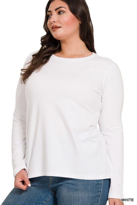 Zenana Plus Cotton Crew Neck Long Sleeve T-Shirt us.meeeshop - Shirts & Tops