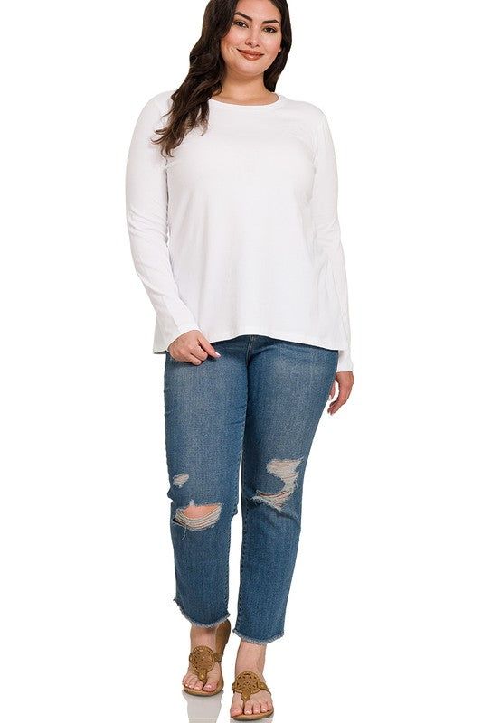 Zenana Plus Cotton Crew Neck Long Sleeve T-Shirt us.meeeshop - 