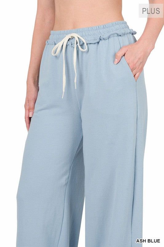 Zenana Plus F/Terry Drawstring Waist Raw Edge Hem Pants us.meeeshop - Pants