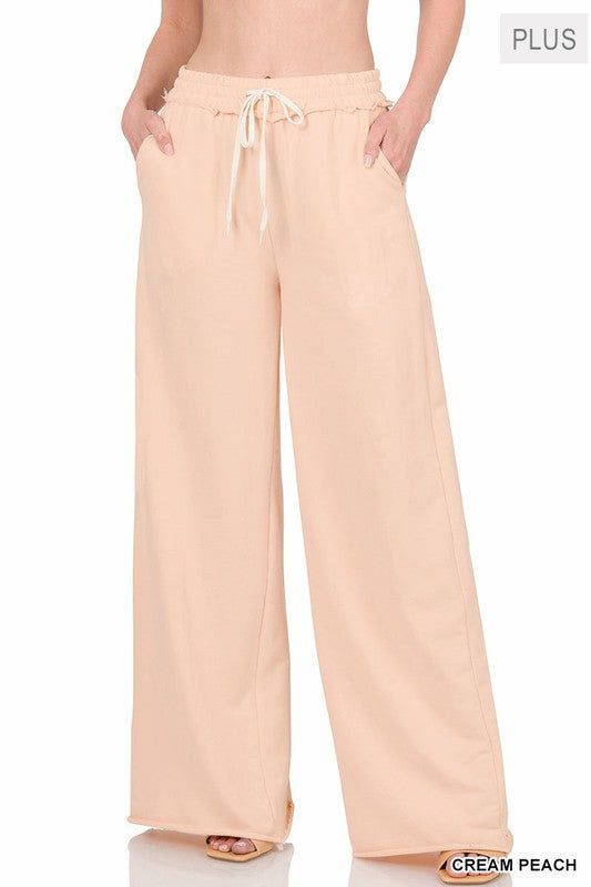 Zenana Plus F/Terry Drawstring Waist Raw Edge Hem Pants us.meeeshop - 