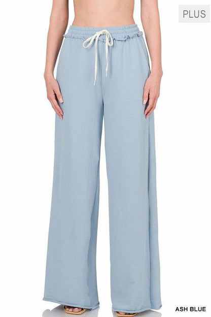 Zenana Plus F/Terry Drawstring Waist Raw Edge Hem Pants us.meeeshop - 