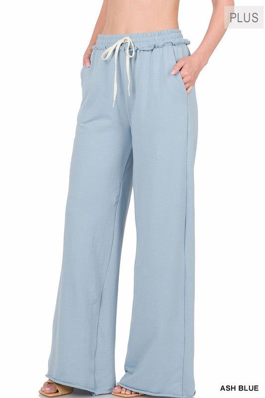 Zenana Plus F/Terry Drawstring Waist Raw Edge Hem Pants us.meeeshop - 