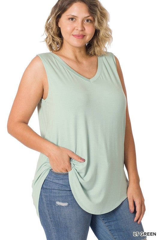 Zenana Plus Luxe Rayon Sleeveless V-Neck Hi-Low Hem Top us.meeeshop - 