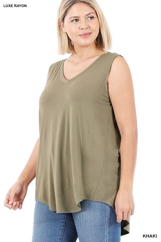 Zenana Plus Luxe Rayon Sleeveless V-Neck Hi-Low Hem Top us.meeeshop - 