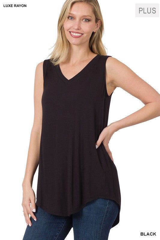 Zenana Plus Luxe Rayon Sleeveless V-Neck Hi-Low Hem Top us.meeeshop - Shirts & Tops