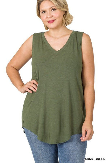 Zenana Plus Luxe Rayon Sleeveless V-Neck Hi-Low Hem Top us.meeeshop - 