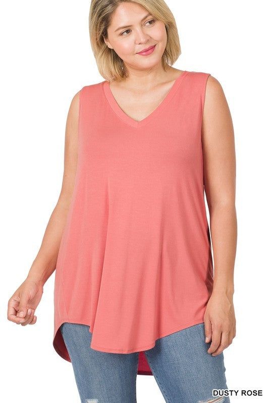 Zenana Plus Luxe Rayon Sleeveless V-Neck Hi-Low Hem Top us.meeeshop - 