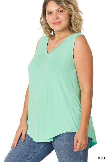 Zenana Plus Luxe Rayon Sleeveless V-Neck Hi-Low Hem Top us.meeeshop - 