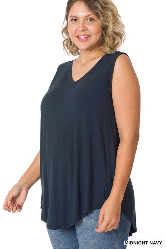 Zenana Plus Luxe Rayon Sleeveless V-Neck Hi-Low Hem Top us.meeeshop - 