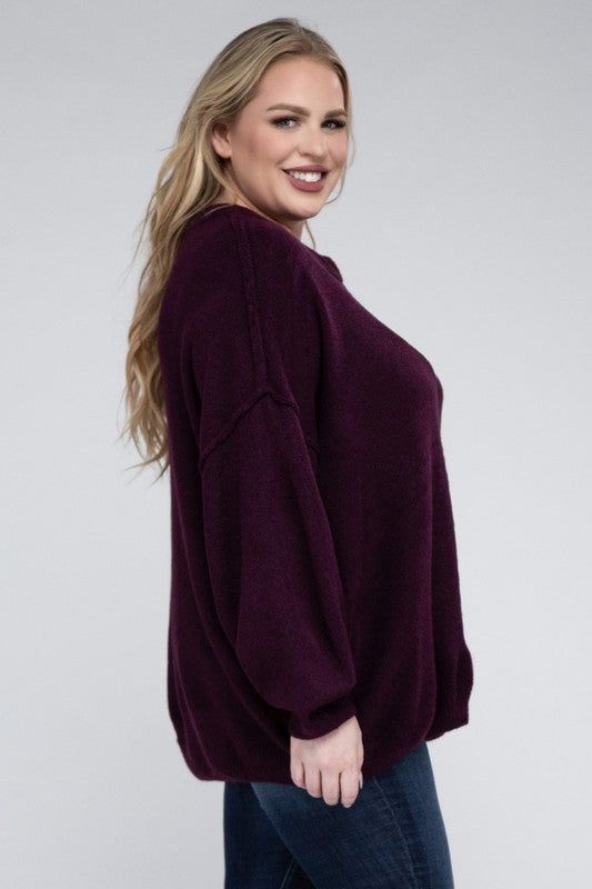 Zenana Plus Oversized Round Neck Raw Seam Melange Sweater us.meeeshop - 