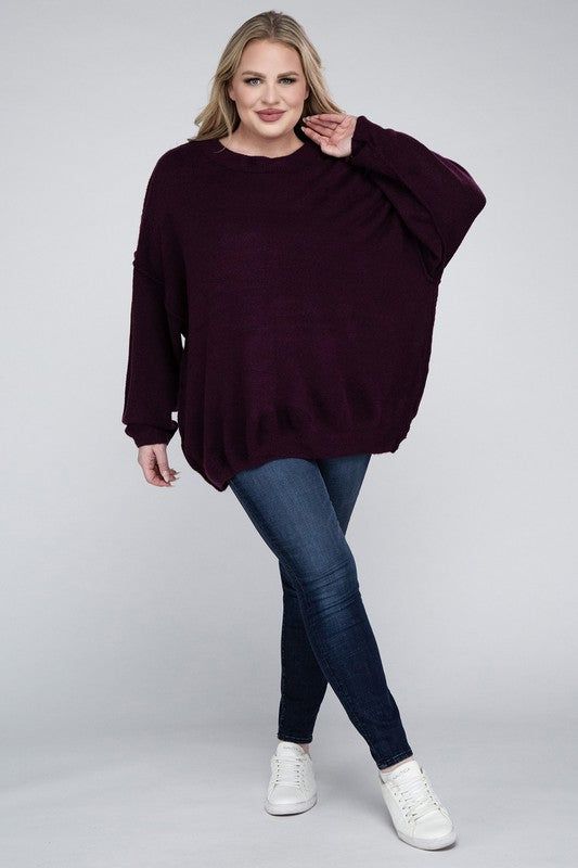 Zenana Plus Oversized Round Neck Raw Seam Melange Sweater us.meeeshop - 