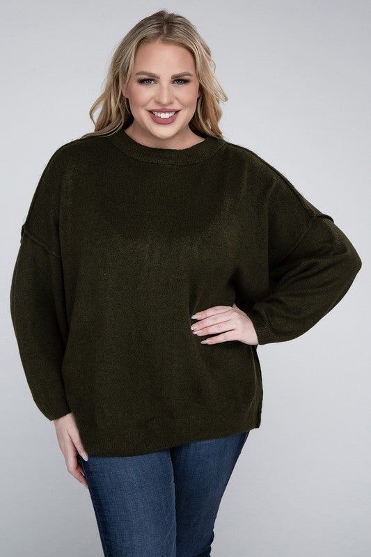 Zenana Plus Oversized Round Neck Raw Seam Melange Sweater us.meeeshop - 