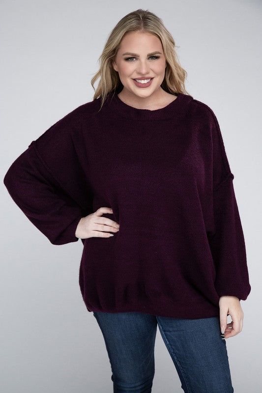 Zenana Plus Oversized Round Neck Raw Seam Melange Sweater us.meeeshop - 