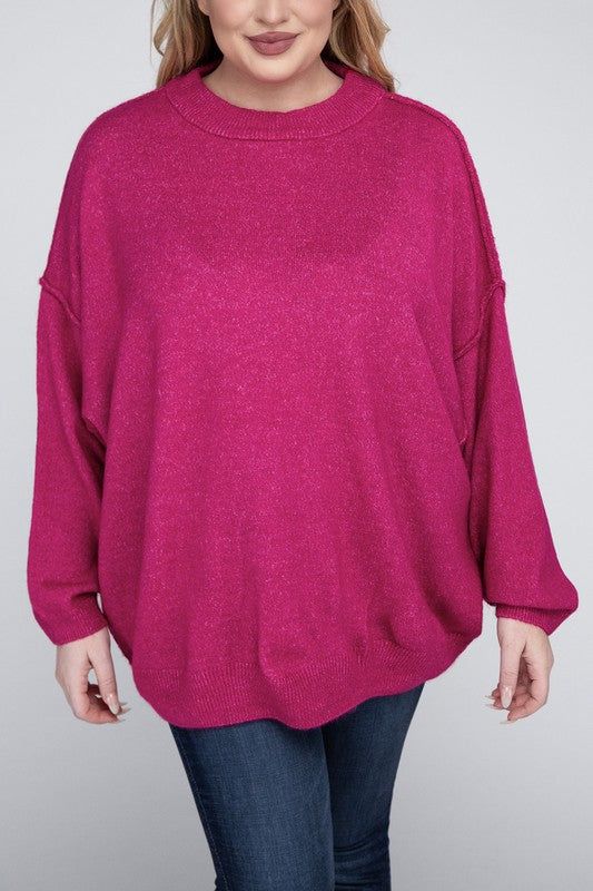 Zenana Plus Oversized Round Neck Raw Seam Melange Sweater us.meeeshop - 