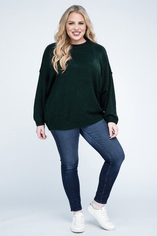 Zenana Plus Oversized Round Neck Raw Seam Melange Sweater us.meeeshop - 