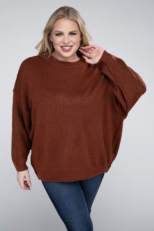 Zenana Plus Oversized Round Neck Raw Seam Melange Sweater us.meeeshop - 