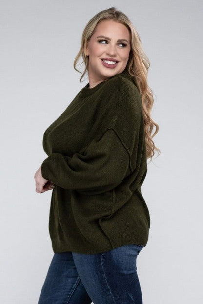 Zenana Plus Oversized Round Neck Raw Seam Melange Sweater us.meeeshop - 