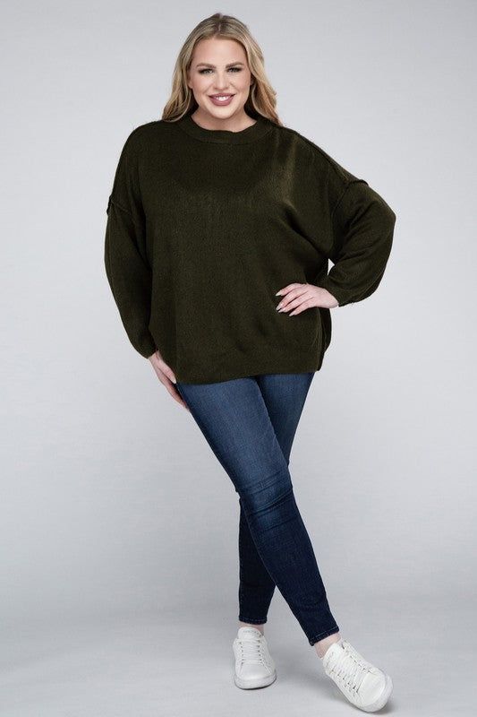 Zenana Plus Oversized Round Neck Raw Seam Melange Sweater us.meeeshop - 