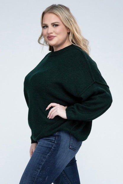 Zenana Plus Oversized Round Neck Raw Seam Melange Sweater us.meeeshop - 