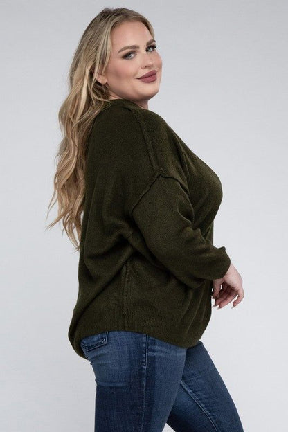 Zenana Plus Oversized Round Neck Raw Seam Melange Sweater us.meeeshop - 