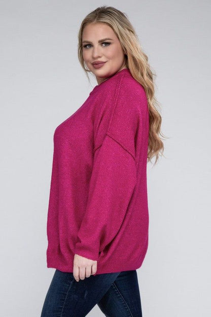 Zenana Plus Oversized Round Neck Raw Seam Melange Sweater us.meeeshop - 