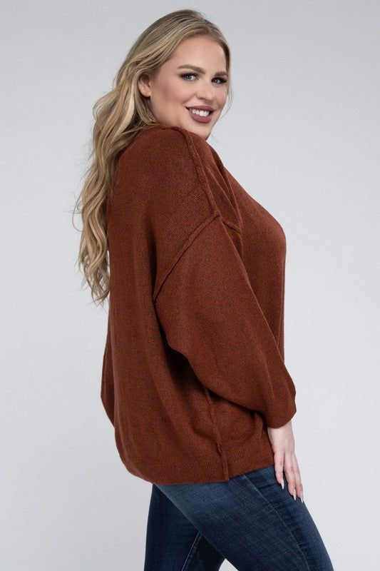 Zenana Plus Oversized Round Neck Raw Seam Melange Sweater us.meeeshop - 