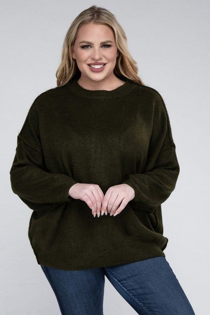 Zenana Plus Oversized Round Neck Raw Seam Melange Sweater us.meeeshop - 