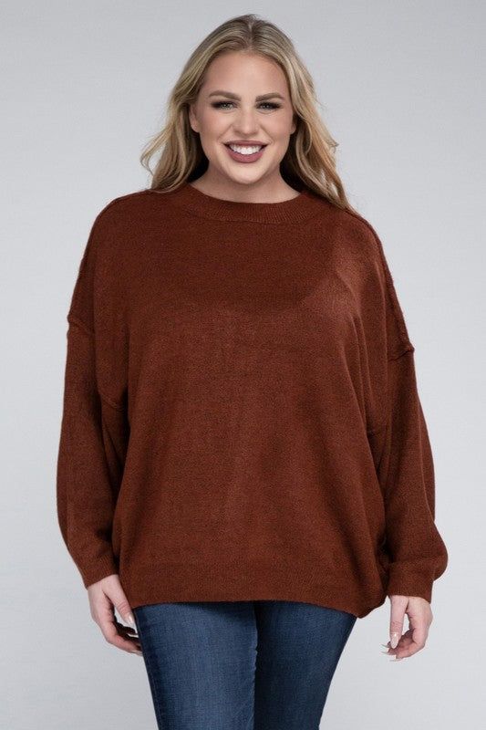 Zenana Plus Oversized Round Neck Raw Seam Melange Sweater us.meeeshop - 