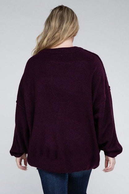 Zenana Plus Oversized Round Neck Raw Seam Melange Sweater us.meeeshop - 