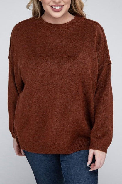 Zenana Plus Oversized Round Neck Raw Seam Melange Sweater us.meeeshop - 